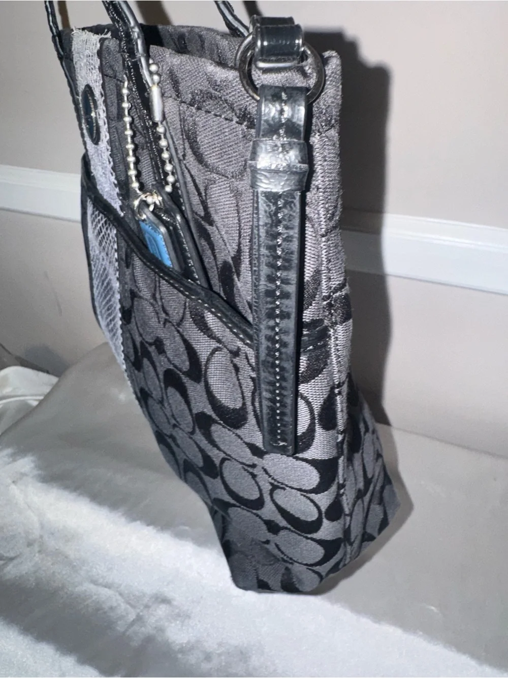 Coach Black Signature Canvas Tote with Blue Accent